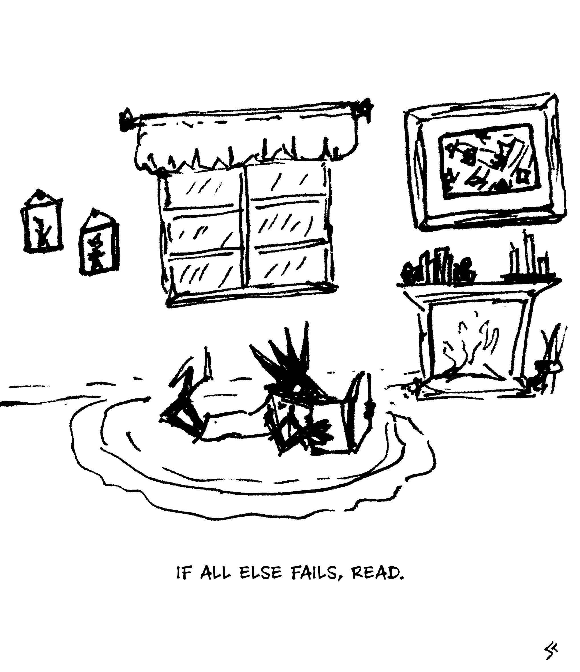 Crow is reading on a rug in front of a fireplace, while it rains outside